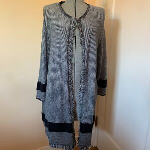 KASPER Longline Cardigan Sweater sz L Black White Open Front Fringe Hem Relaxed